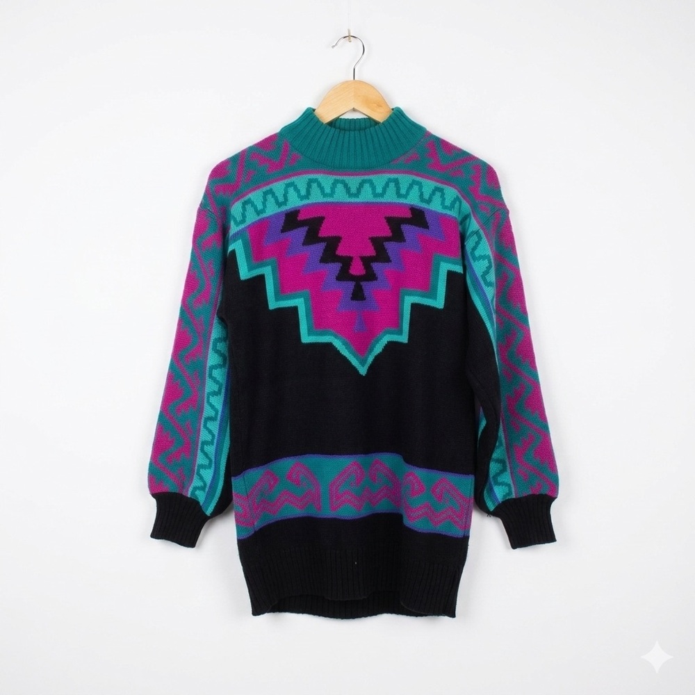 VTG‎ 80s Ossi Skiwear Geometric Sweater Pink Teal Purple Southwestern Wool Blend